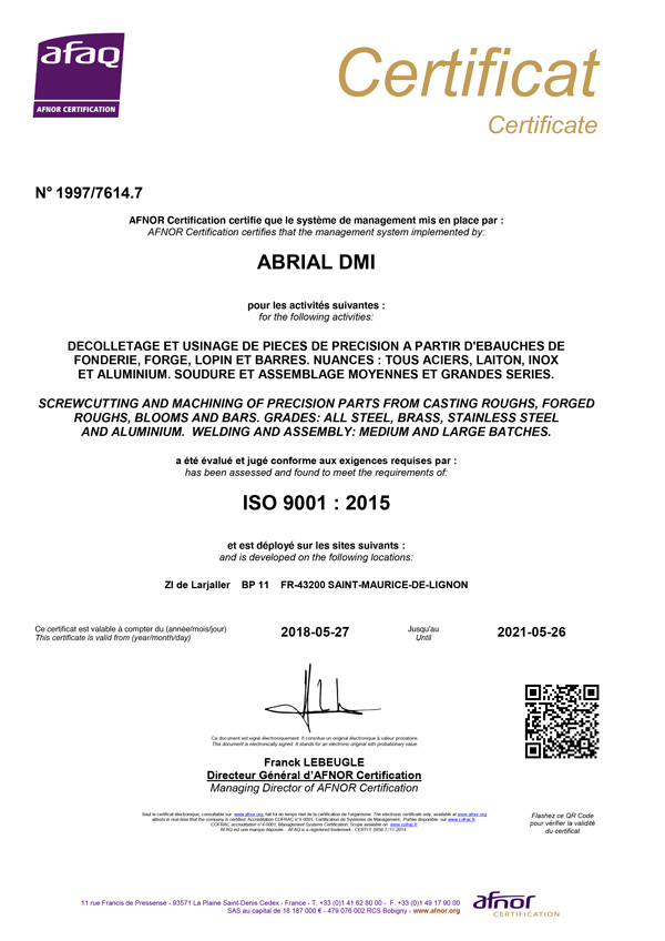 CERTIFICAT ISO 9001 Abrial